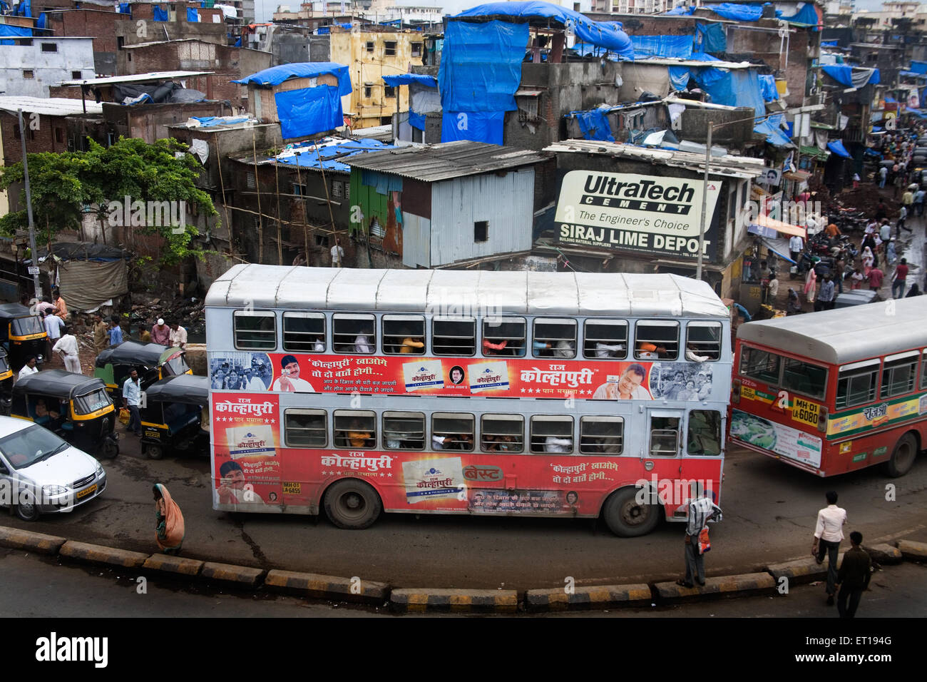 Traffic on road , double decker bus , blue tarpaulin plastic sheets , Bombay , Mumbai , Maharashtra , India , Asia Stock Photo