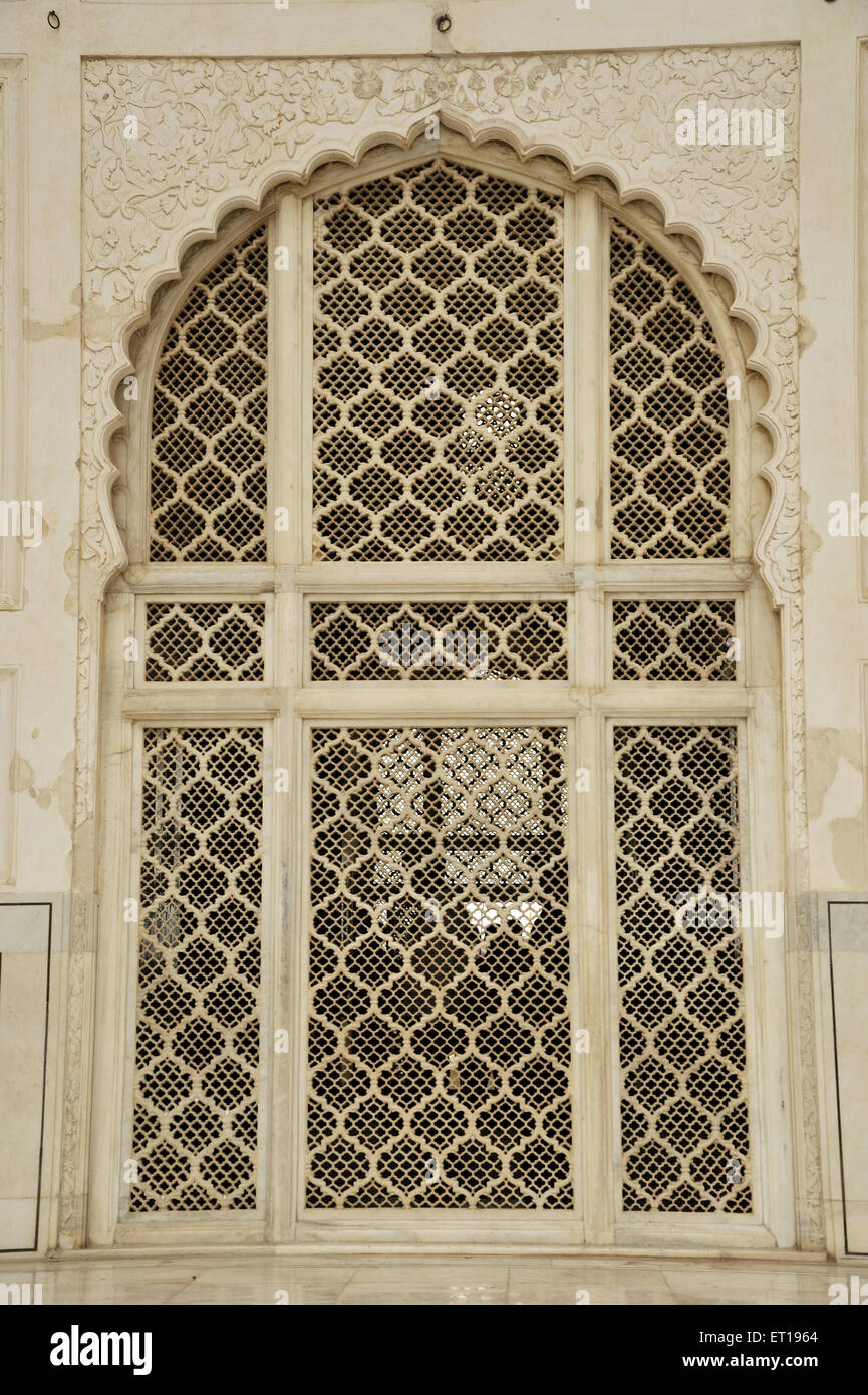Jali work ; Jaali design ; Jali latticed stone ; Jali screen window ; Bibi ka Maqbara ; Aurangabad ;  Maharashtra ; India ; Asia Stock Photo