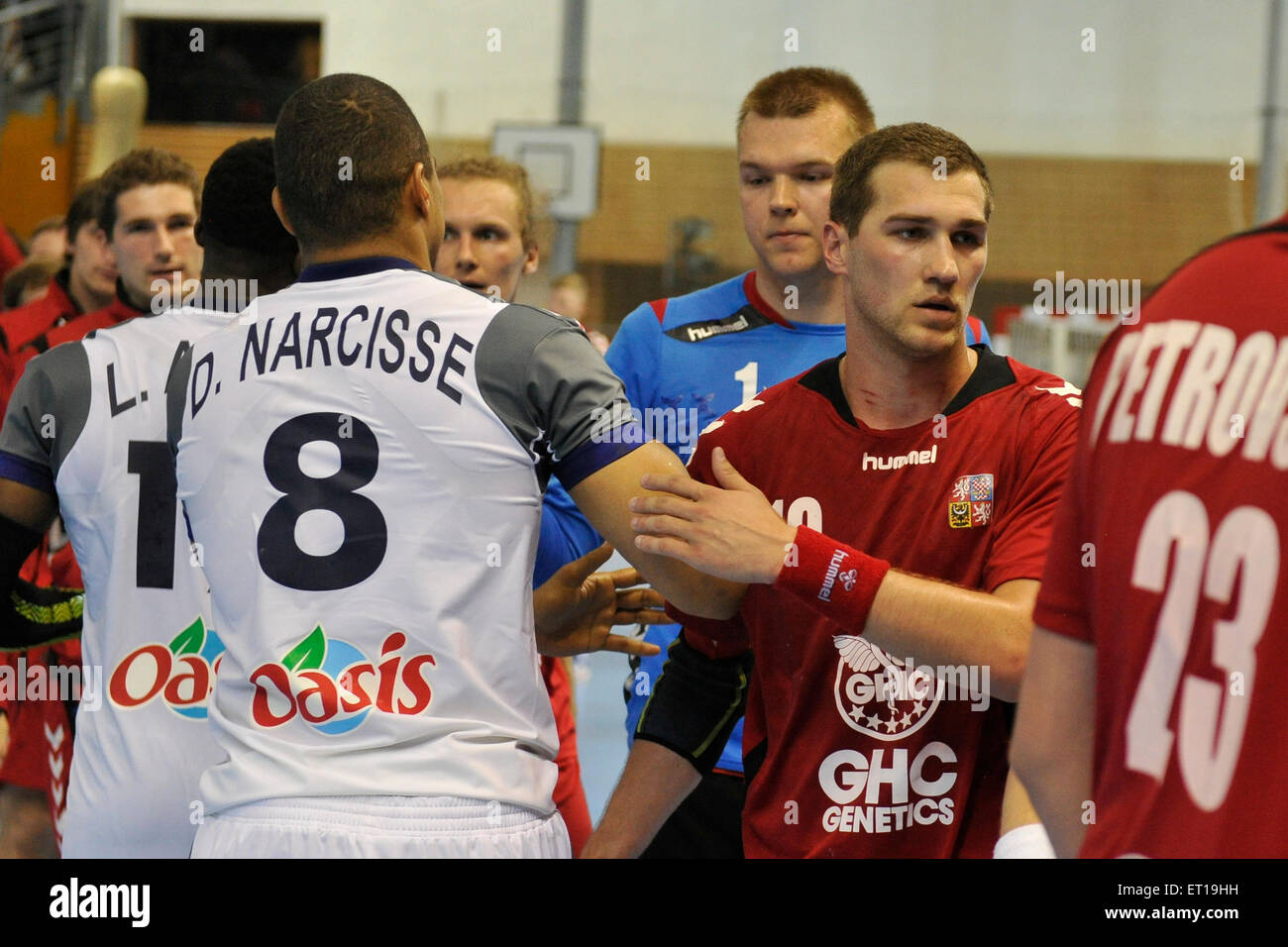 Left to right: Daniel Narcisse (FRA), Tomas Mrkva (CZE) and Tomas Babak  (CZE) are seen after the qualifying handball match Czech Republic vs France  for 2016 Men's European Championship in Brno, Czech