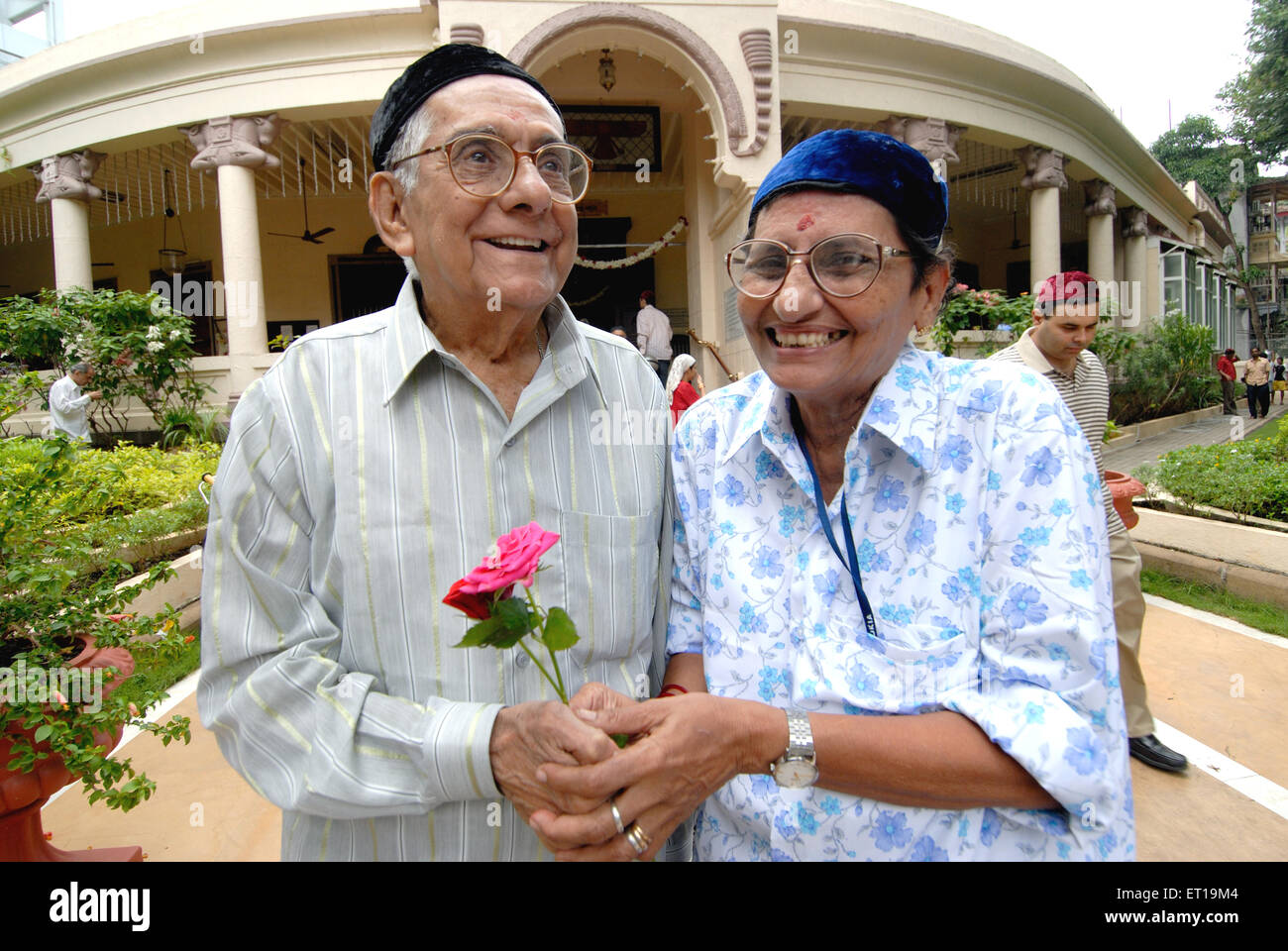 Old couple celebrating Parsi New Year Bombay Mumbai Maharashtra India - MR#736Q and MR#736R Stock Photo