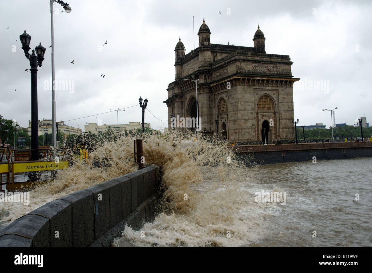 High tide Powerful Crashing Waves Go Crazy during Monsoon at Gateway of India Mumbai Asia Stock Photo