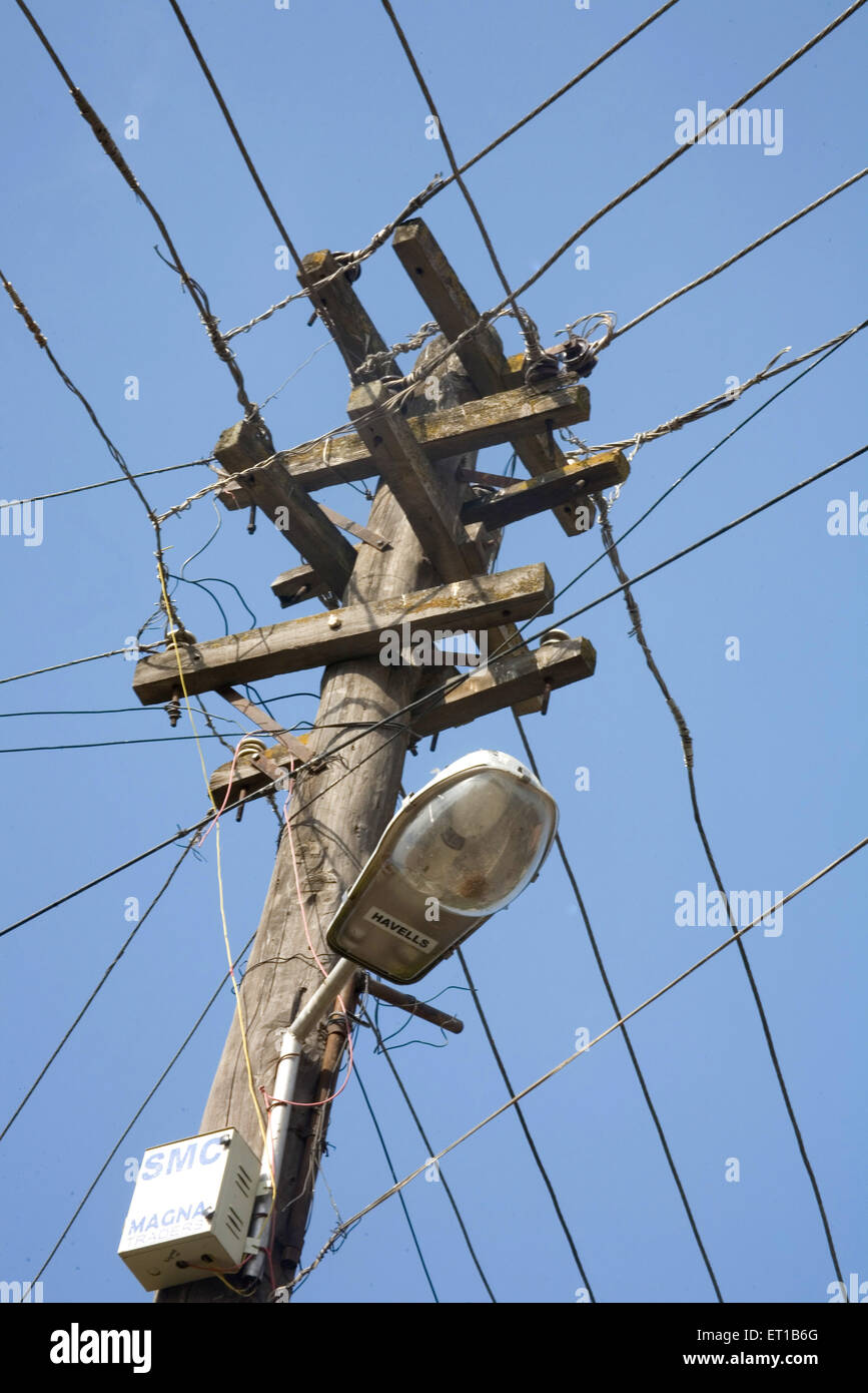 Wooden electricity pole ; Srinagar ; Jammu and Kashmir ; India Stock