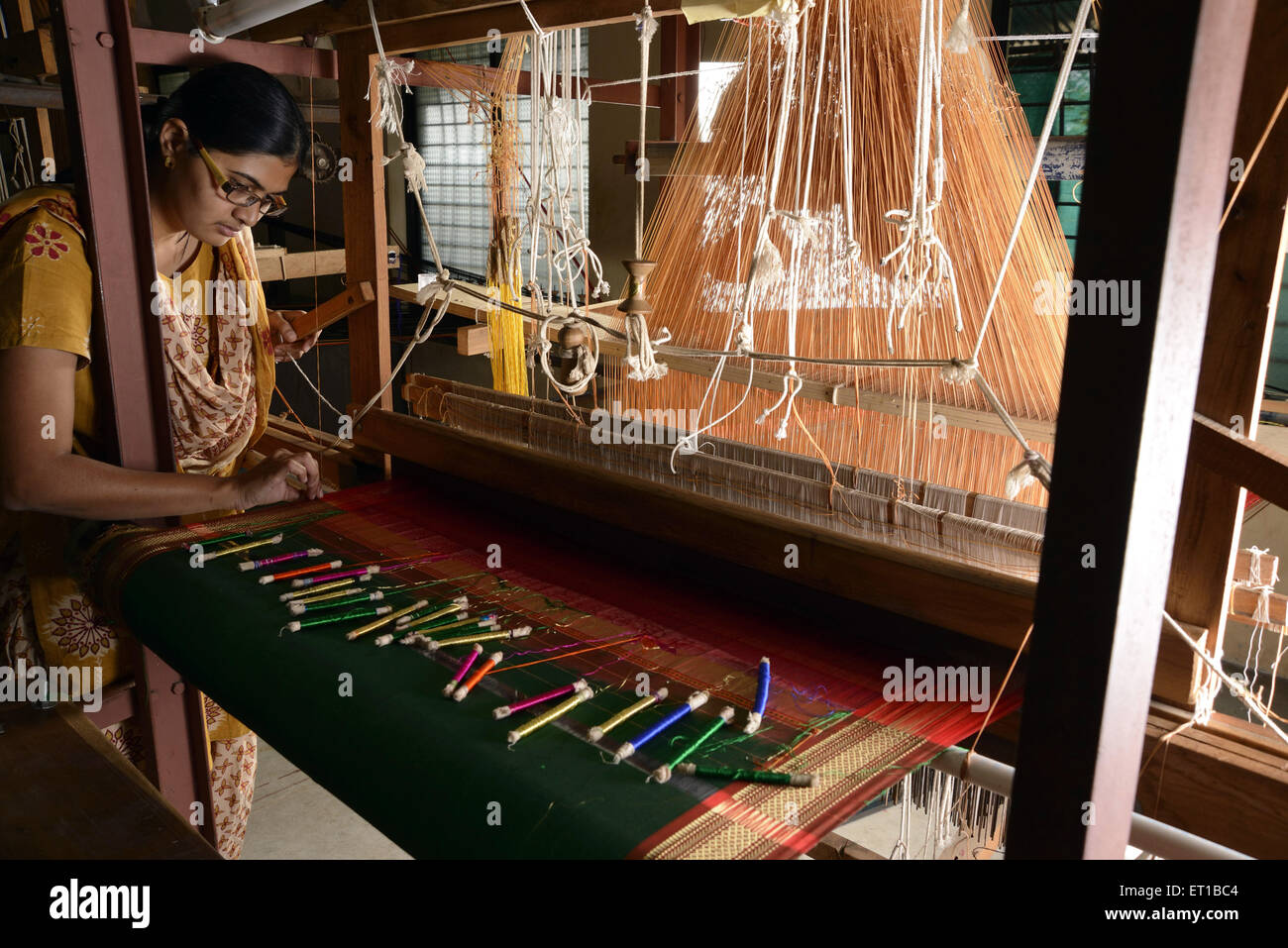 Woman Weaving Saree on Handloom at Maharashtra India Asia Stock Photo
