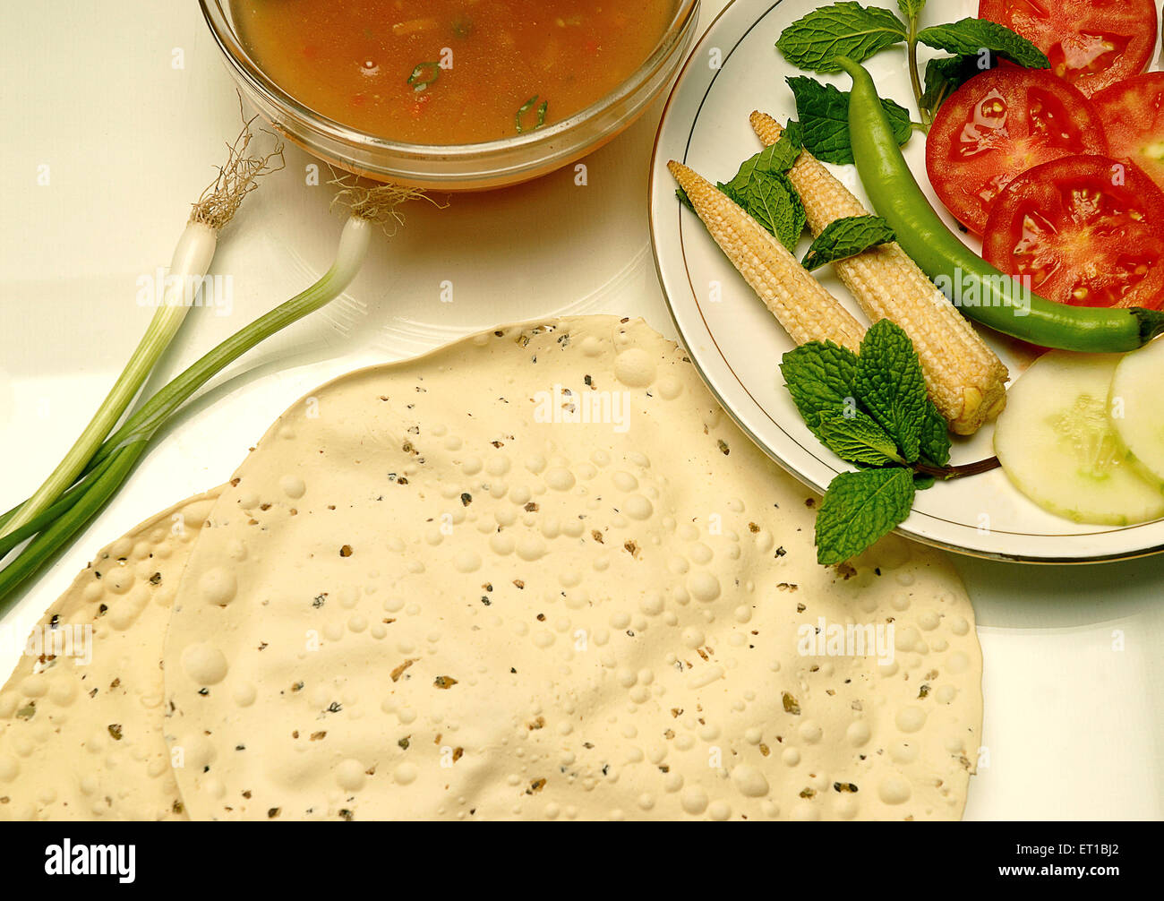 Snacks ; namkeen papad and salad ; Jodhpur ; Rajasthan ; India Stock Photo
