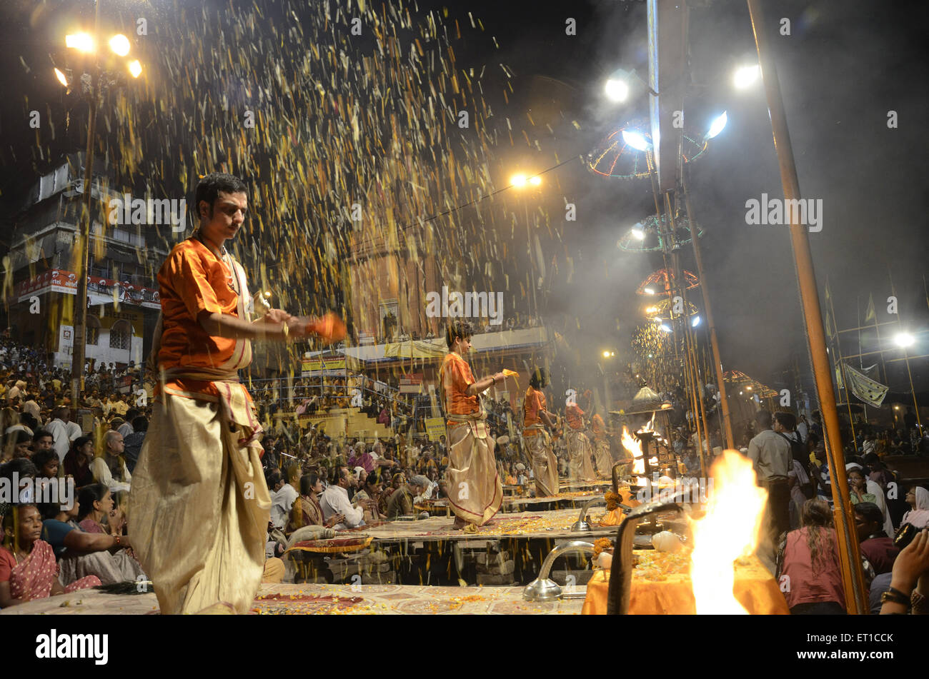priests are performing on varanasi Ghat at Uttar Pradesh India Stock Photo