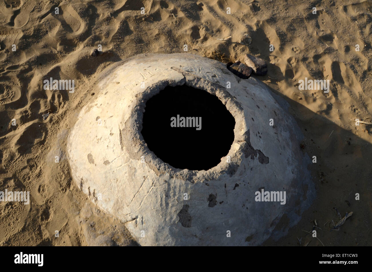 Earthen Pot Half Hidden Under Sand of Khuhri Jaisalmer Rajasthan India Asia Stock Photo