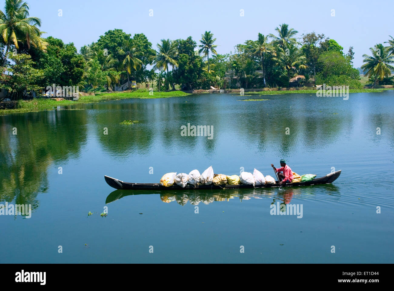 Man carrying big bags on boat in ashtamudi river ; Kollam ; Alleppey ; Kerala ; India Stock Photo