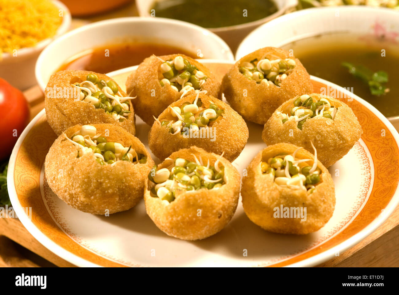 Pani puri with sprouted mung served in plate Stock Photo