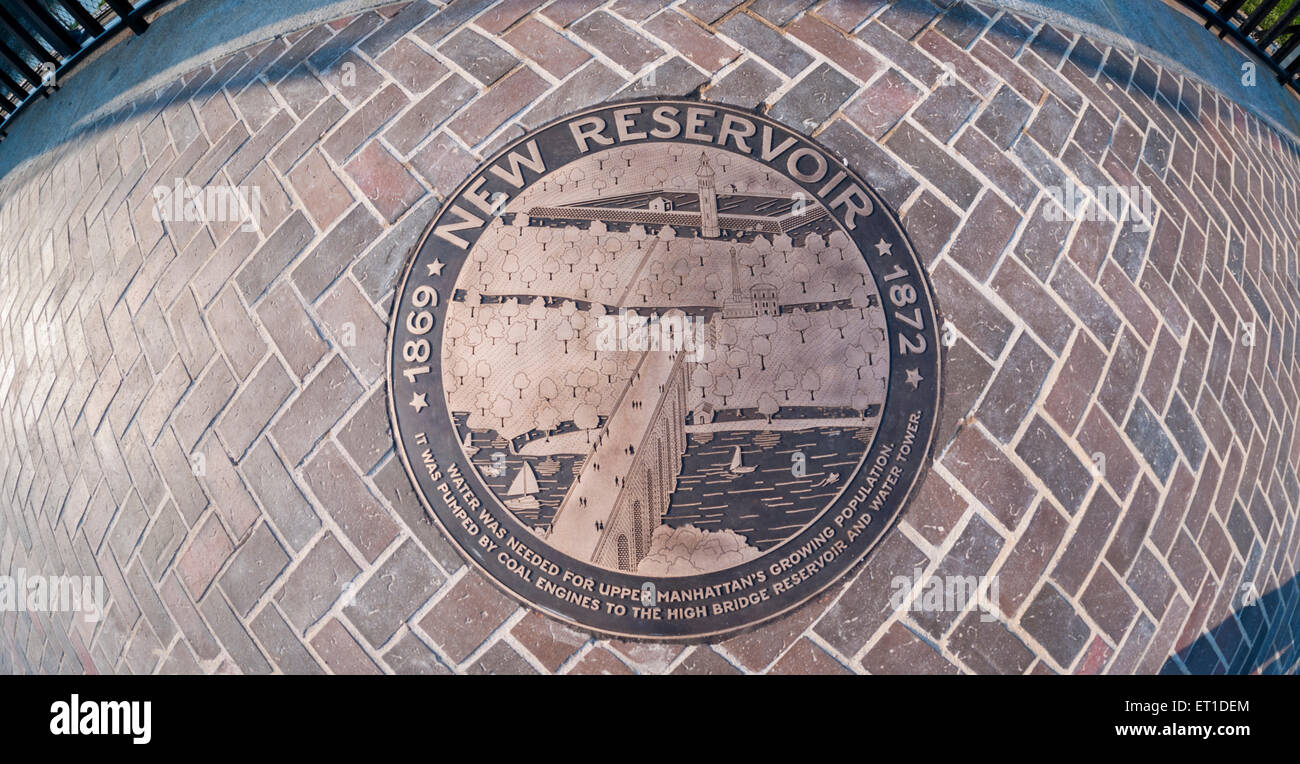 Historical plaques on the newly opened reconstructed High Bridge connecting the Bronx to Upper Manhattan over the Harlem River in New York on Tuesday, June 9, 2015. The pedestrian bridge, the oldest bridge in New York, has been closed since the 1970's and was part of the Croton Aqueduct system until 1917, supplying water to New York.  (© Richard B. Levine) Stock Photo