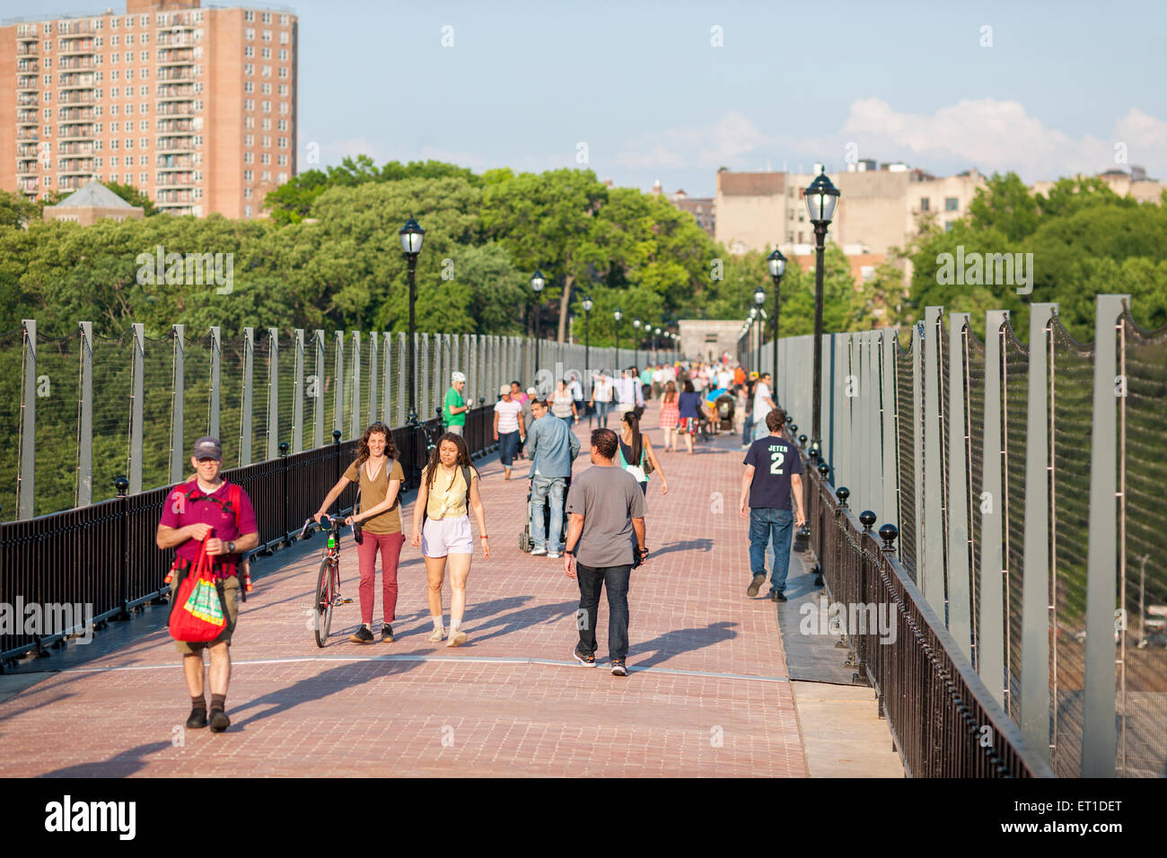 Excited visitors walk and bike over the newly opened reconstructed High Bridge connecting the Bronx to Upper Manhattan over the Harlem River in New York on Tuesday, June 9, 2015. The pedestrian bridge, the oldest bridge in New York, has been closed since the 1970's and was part of the Croton Aqueduct system until 1917, supplying water to New York.  (© Richard B. Levine) Stock Photo