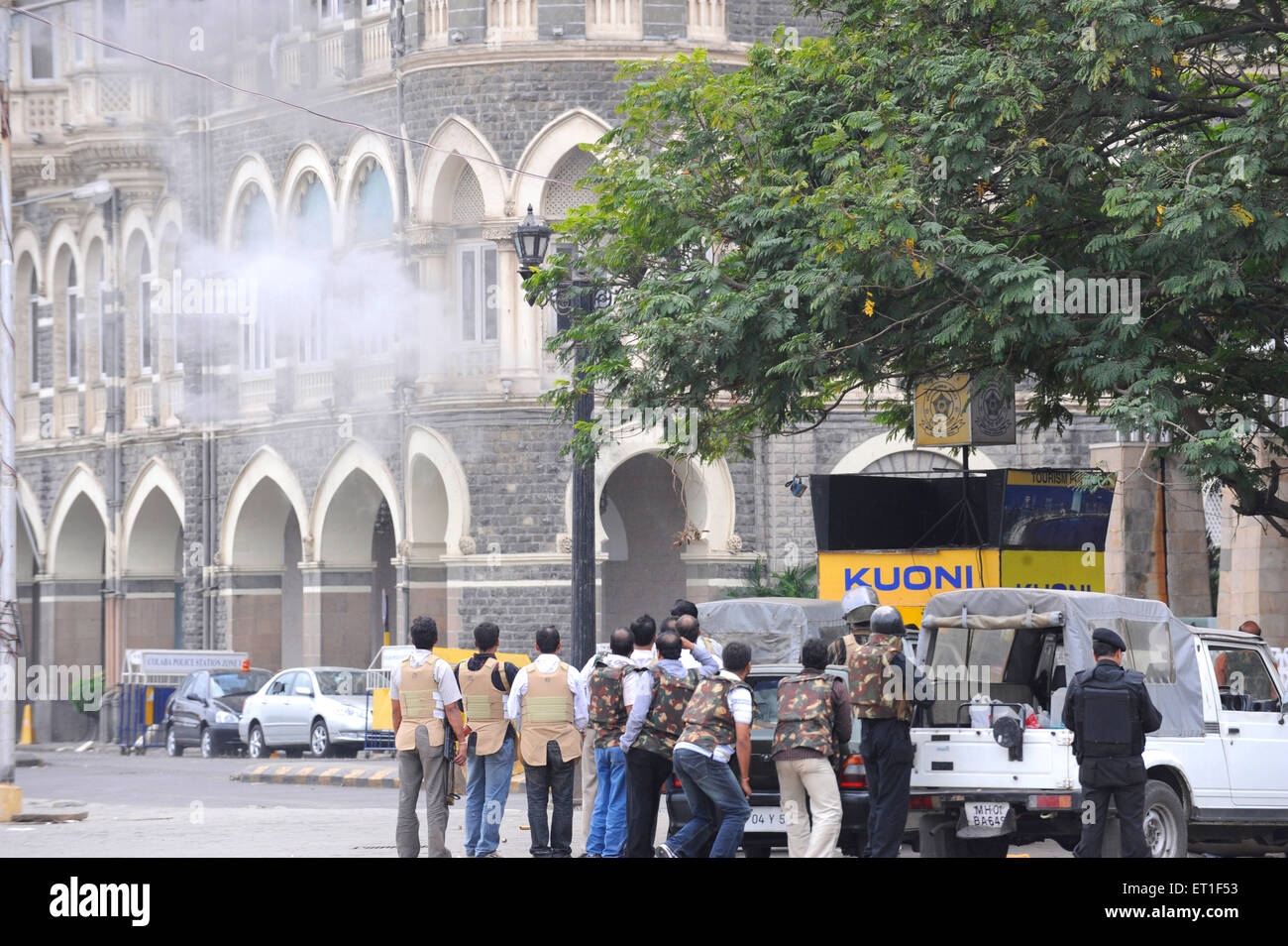 Fire inside the Taj Mahal hotel ; after terrorist attack by Deccan Mujahideen on 26th November 2008 in Bombay Stock Photo