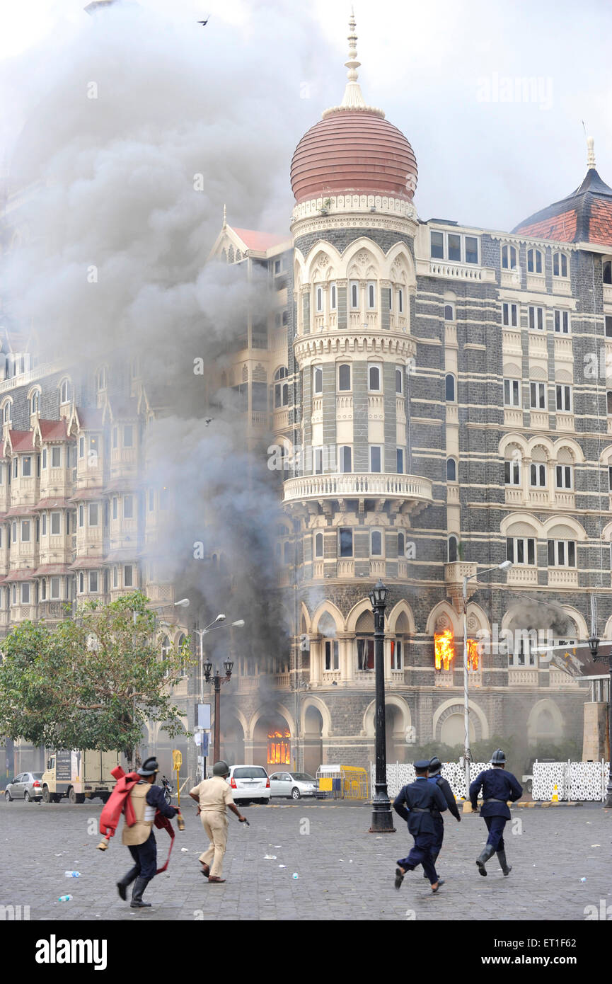 Fire inside the Taj Mahal hotel after terrorist attack by Deccan Mujahideen on 26th November 2008 in Bombay Mumbai India Stock Photo