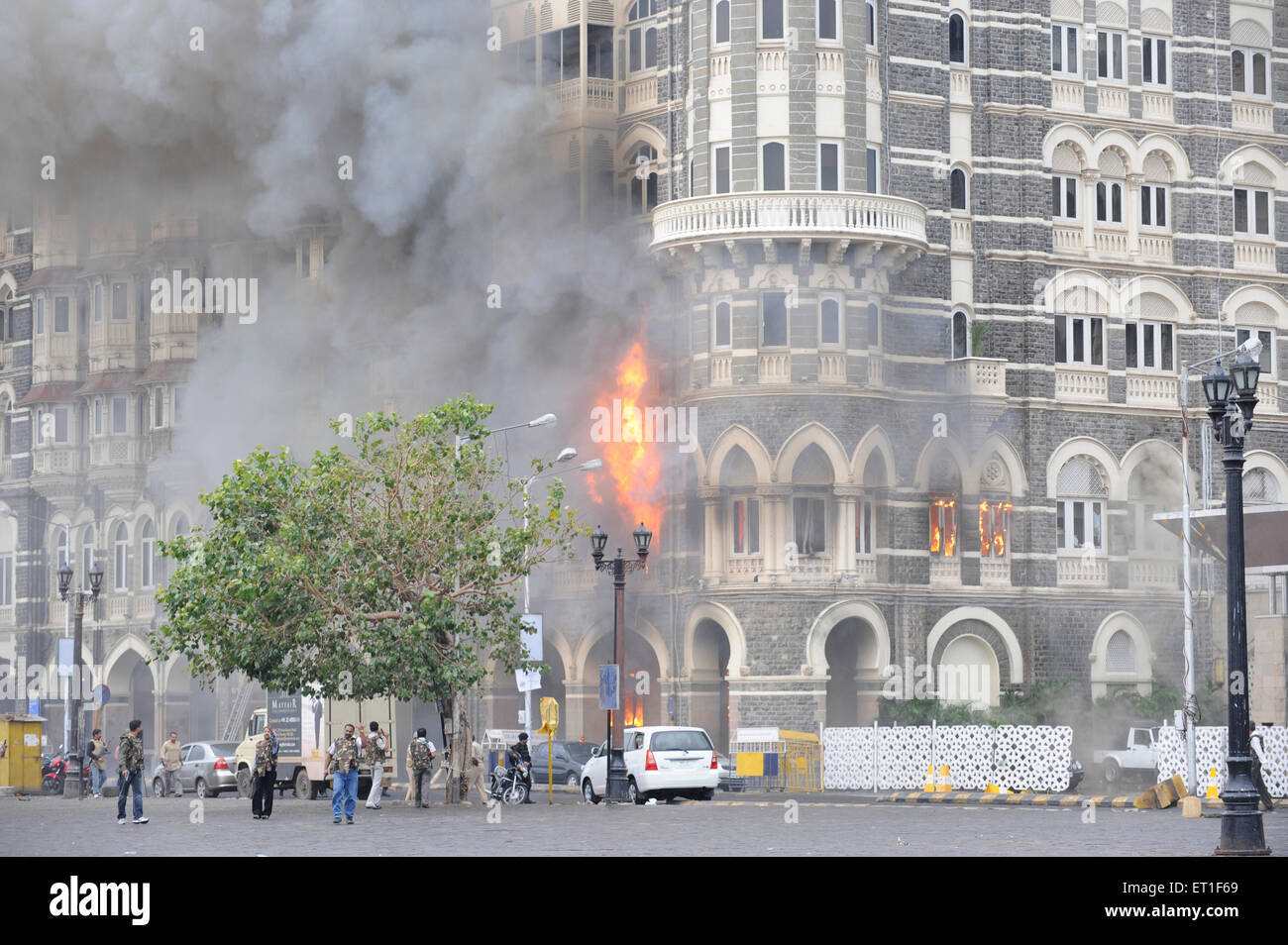 Fire inside the Taj Mahal hotel ; after terrorist attack by Deccan Mujahedeen on 26th November 2008 in Bombay Stock Photo