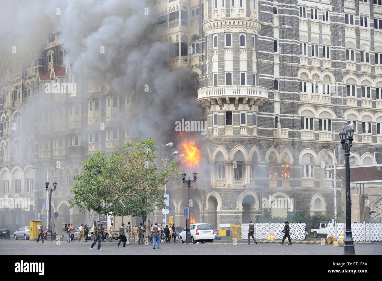 Fire inside the Taj Mahal hotel after terrorist attack by Deccan Mujahideen in 2008 Bombay Mumbai Maharashtra India Stock Photo