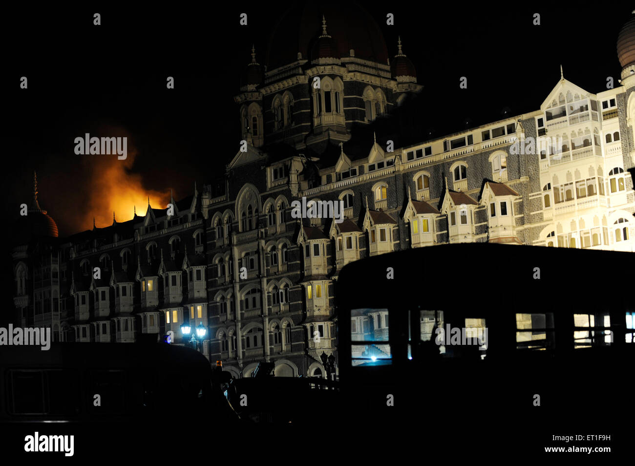 Fire in old wing of Taj Mahal hotel ; after terrorist attack by Deccan Mujahedeen on 26th November 2008 in Bombay Stock Photo