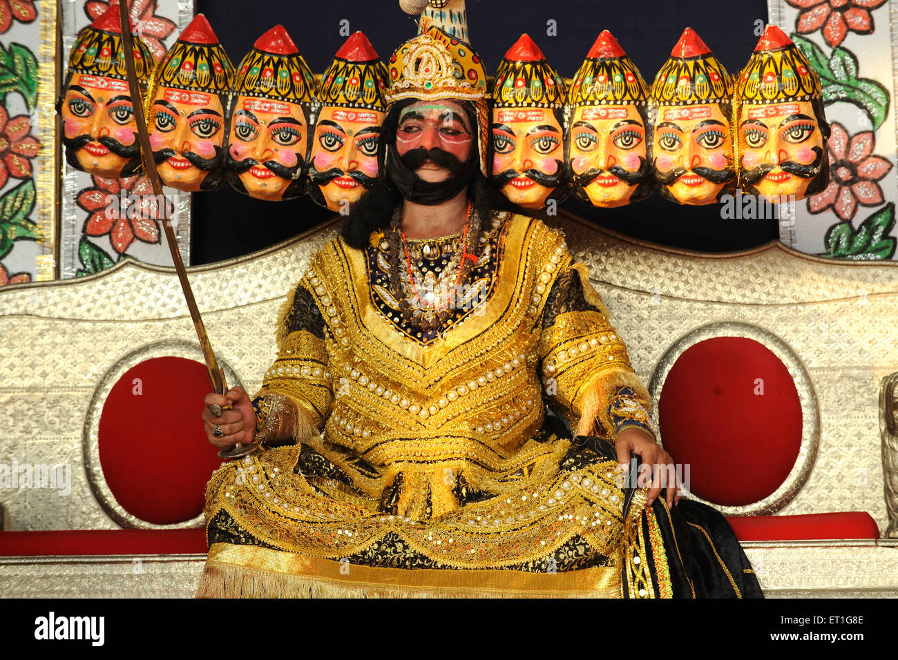 Artist performing role of demon king ravan in ramleela on dussera dusera festival ; India Stock Photo