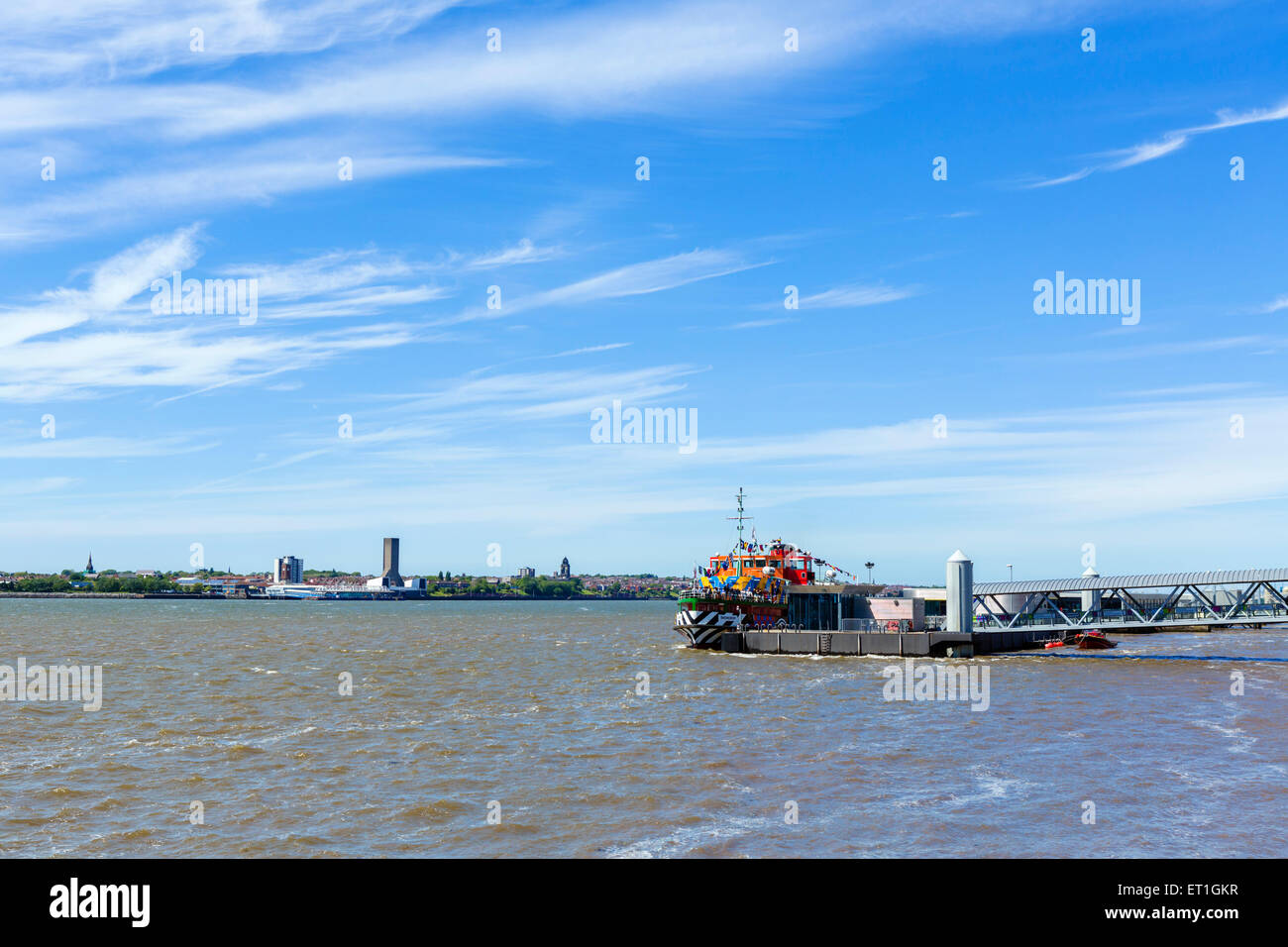The Mersey Ferry docked at Pier Head with the Wirral in the distance, Liverpool, Merseyside, England, UK Stock Photo