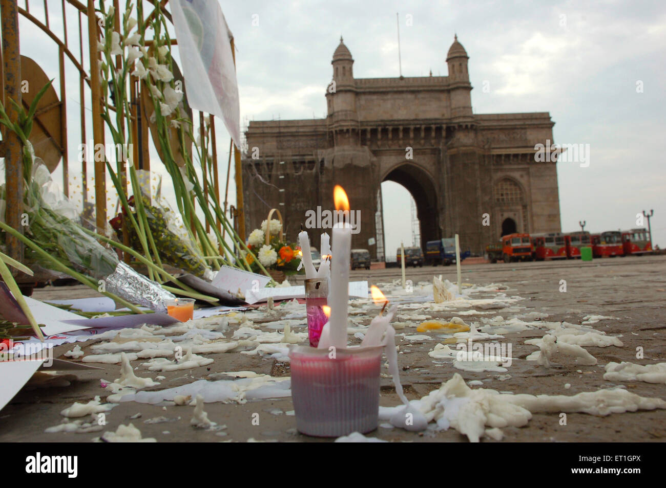 Protest candles flowers after terrorist attack, Gateway of India, Taj Mahal Hotel, Apollo Bundar, Colaba, Bombay, Mumbai, Maharashtra, India, Asia Stock Photo