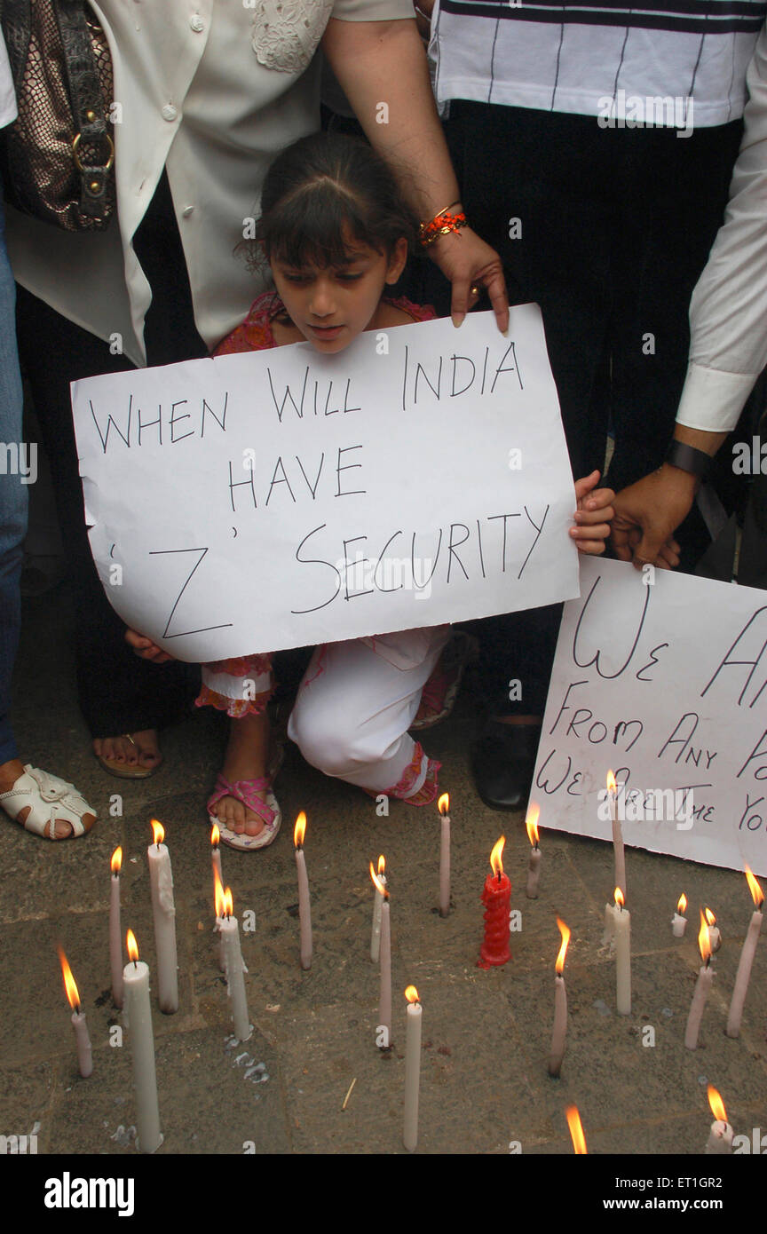 Protest banners candles after terrorist attack, Taj Mahal Hotel, Apollo Bundar, Colaba, Bombay, Mumbai, Maharashtra, India, Asia Stock Photo