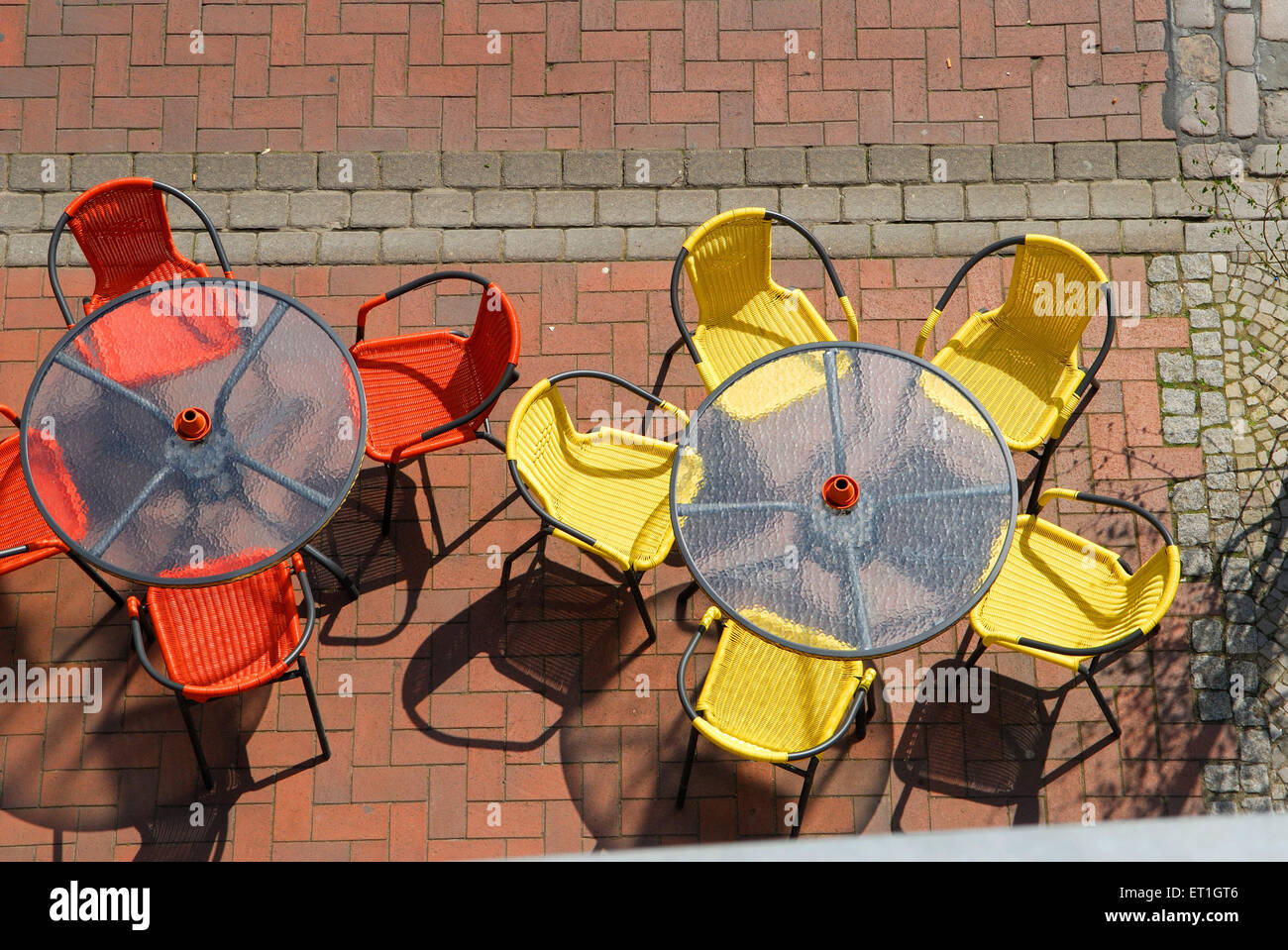 street cafe empty tables chairs cobbled street, Berlin, Germany, German
