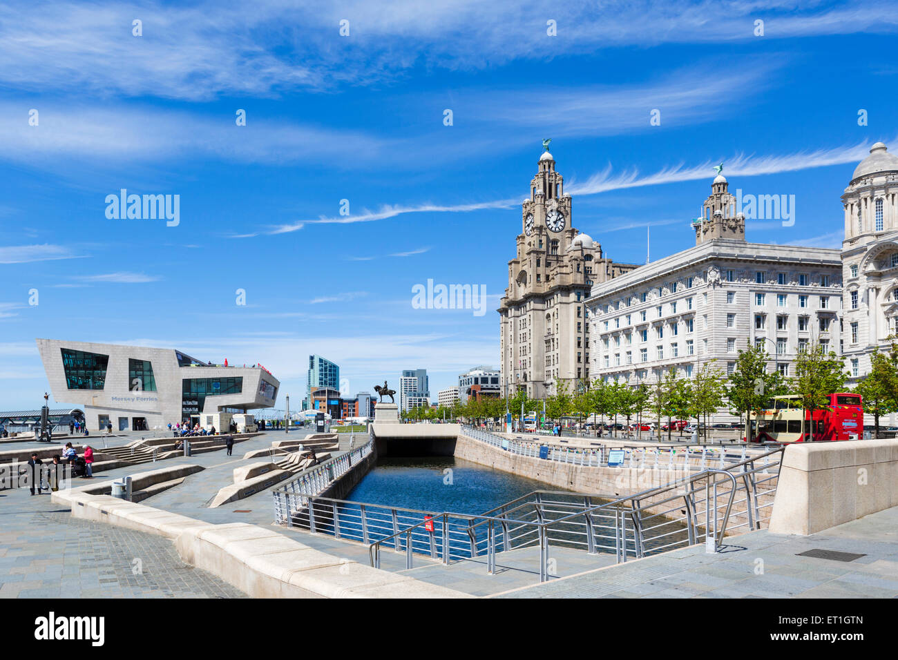 The Royal Liver and Cunard Buildings behind the Liverpool Canal Link, Pier Head, Liverpool, Merseyside, England, UK Stock Photo