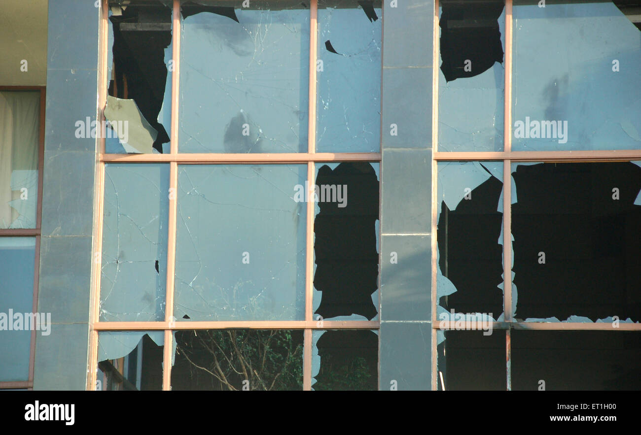 Broken windows after terrorist attack, Oberoi Trident hotel, Nariman Point, Bombay, Mumbai, Maharashtra, India, Asia Stock Photo