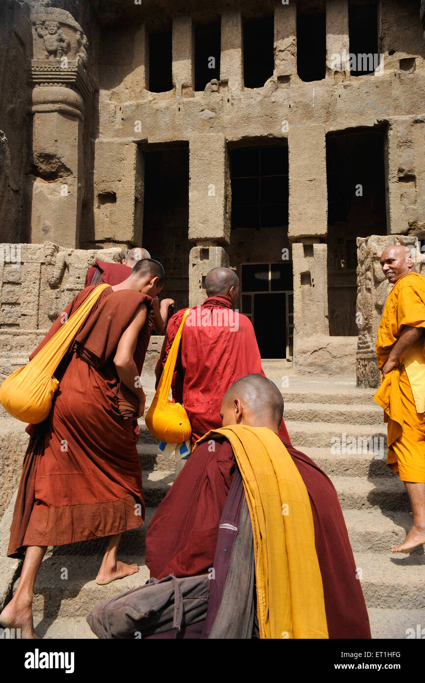Buddhist monks ; Elephanta caves ; Bombay ; Mumbai ; Maharashtra ; India Stock Photo