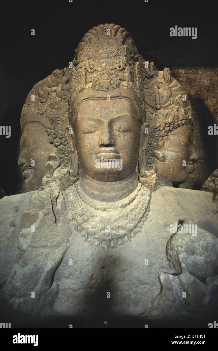 Statue of shiva in elephanta cave ; Bombay Mumbai ; Maharashtra ; India Stock Photo