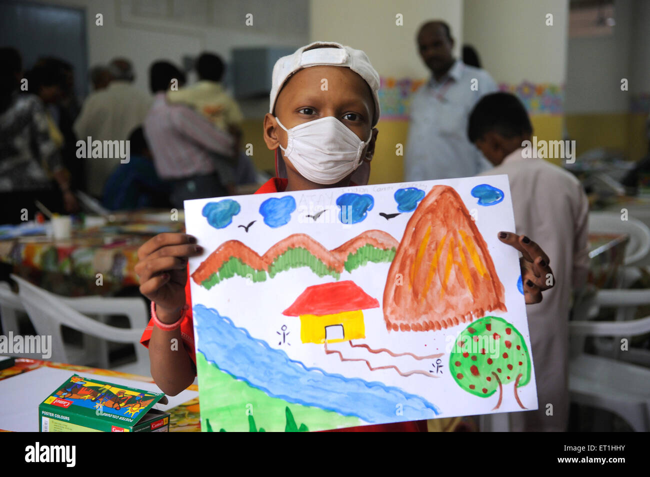 Drawing by child wearing mask due to cancer, Bombay, Mumbai, Maharashtra, India, Asia Stock Photo