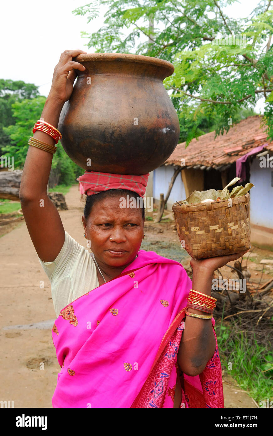 woman carrying water pot and basket, Ho tribe, tribal people,  Chakradharpur, West Singhbhum, Jharkhand, India, Asia Stock Photo - Alamy