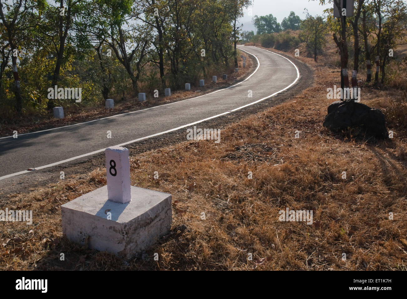 Curved road with white edges Tapola Mahabaleshwar Maharashtra India Asia Stock Photo