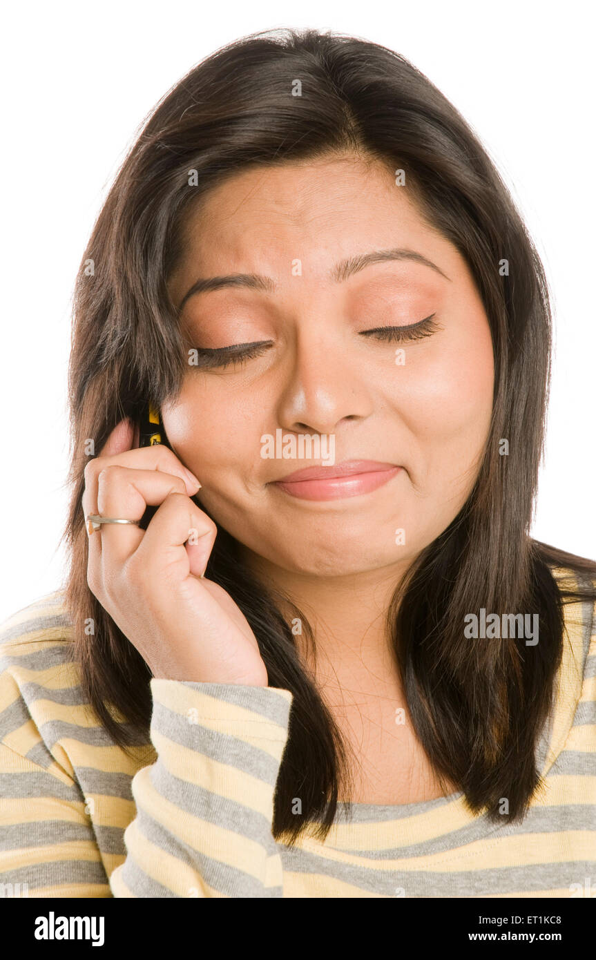 woman eyes closed talking mobile phone MR686X Stock Photo Alamy
