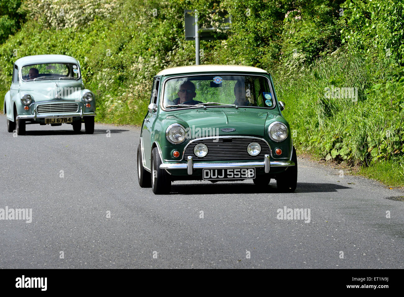 1960s Austin Mini Cooper classic car on country road, Burnfoot, County Donegal, Ireland. Stock Photo