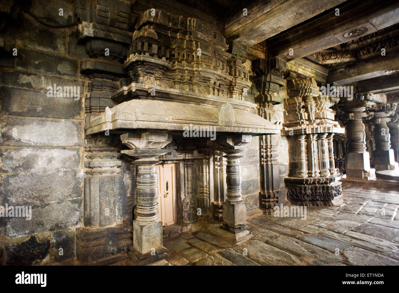 Pillars in garbhagruha of hoysaleswara temple ; Halebid Halebidu ; Hassan ; Karnataka ; India Stock Photo