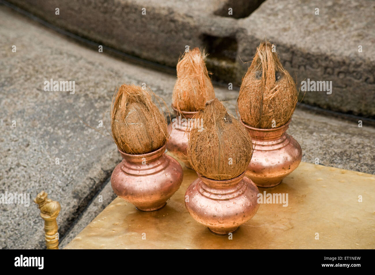 coconut copper pooja kalash, Bahubali, Gomateshwara, Shravanbela Gola, Shravanabelagola, Channarayapatna, Hassan, Karnataka, India, Asia Stock Photo