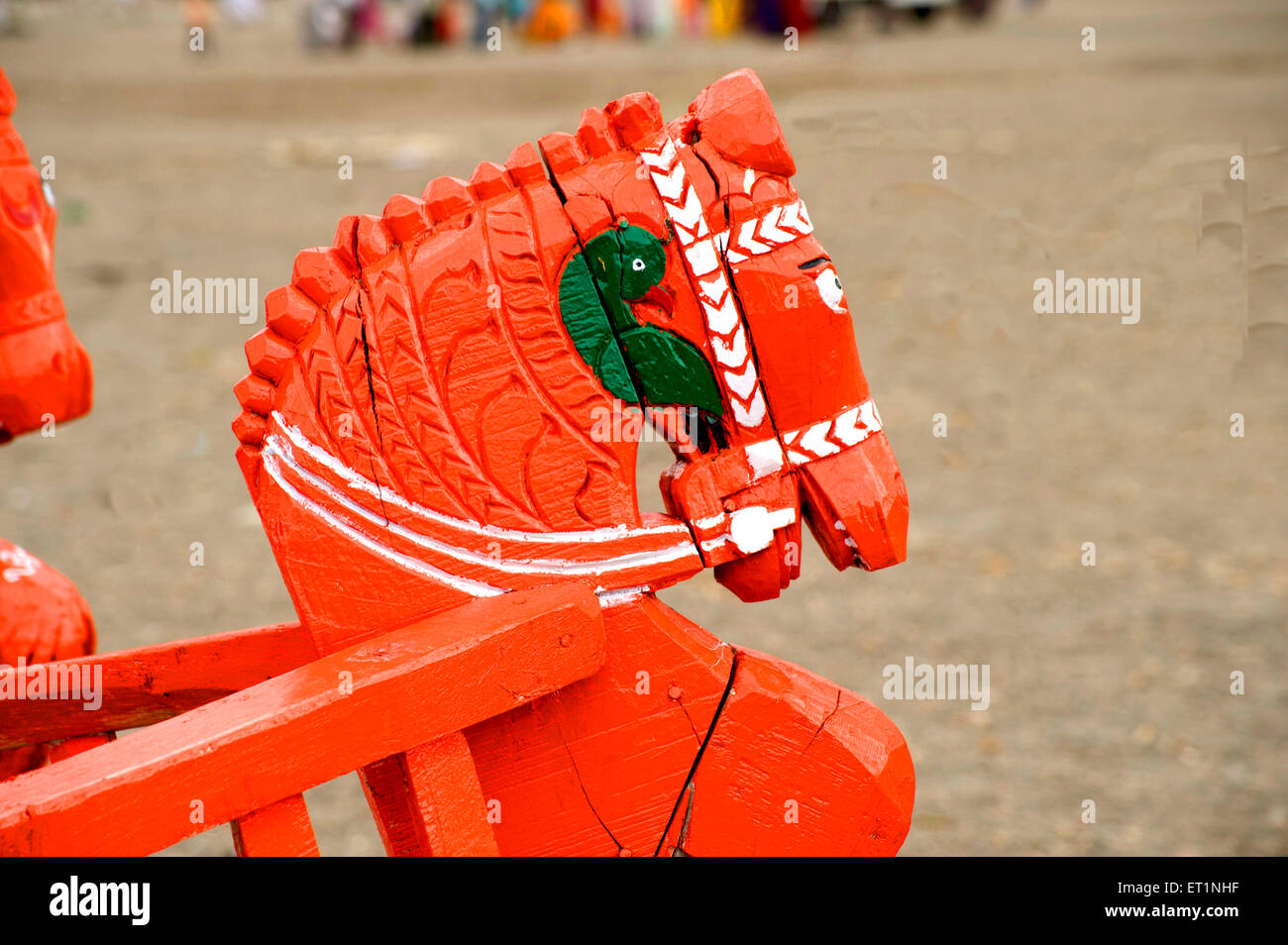 Painted wooden head of horse at ; Pandharpur district Solapur ; Maharashtra ; India Stock Photo