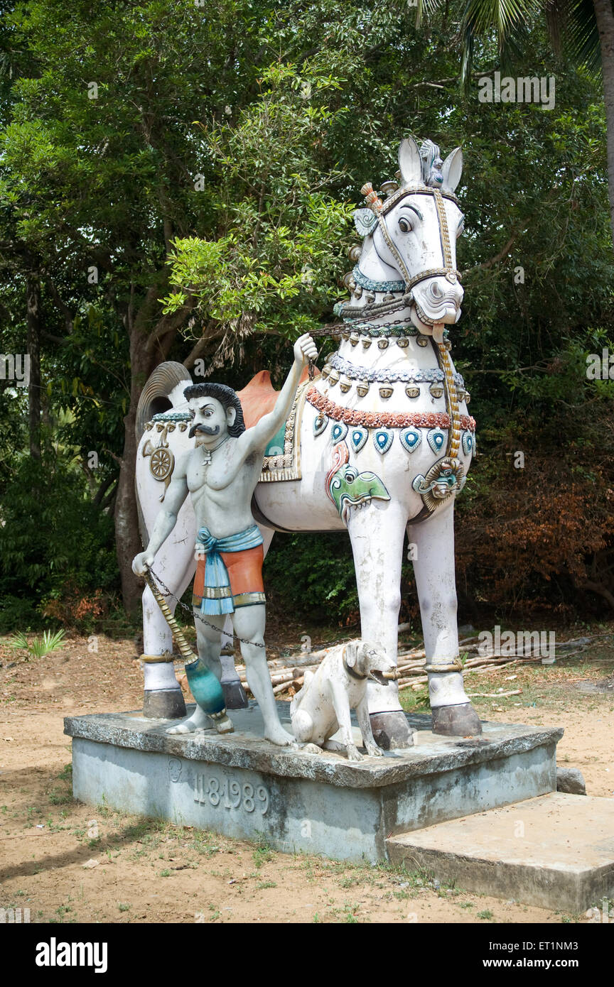 Statue of horse and guard with dog ; Tamil Nadu ; India Stock Photo