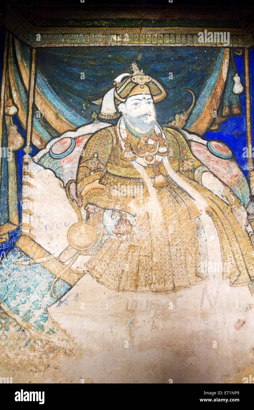 Wall painting of king at darbar hall thanjavur palace ; Tamil Nadu ; India Stock Photo