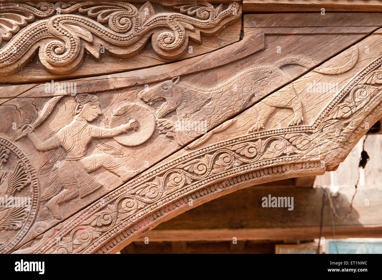 Wood carving, Someshwar Temple, Shree Someshwar Mandir, Rajwadi, Sangameshwar, Ratnagiri, Maharashtra, India, Asia Stock Photo