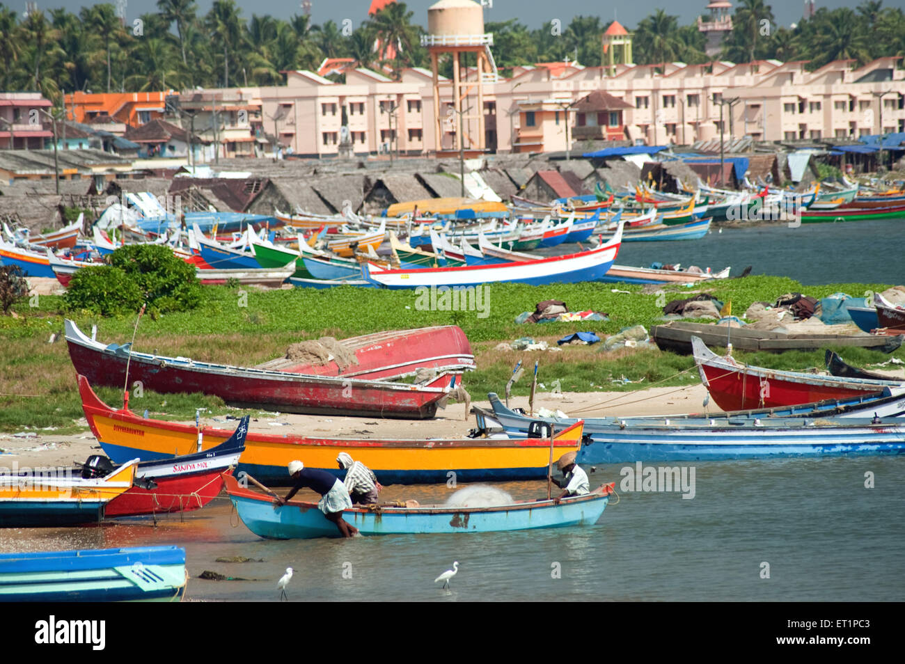 Fishing boats ; Thangassery beach ; Quilon ; Kollam ; Kerala ; India ...
