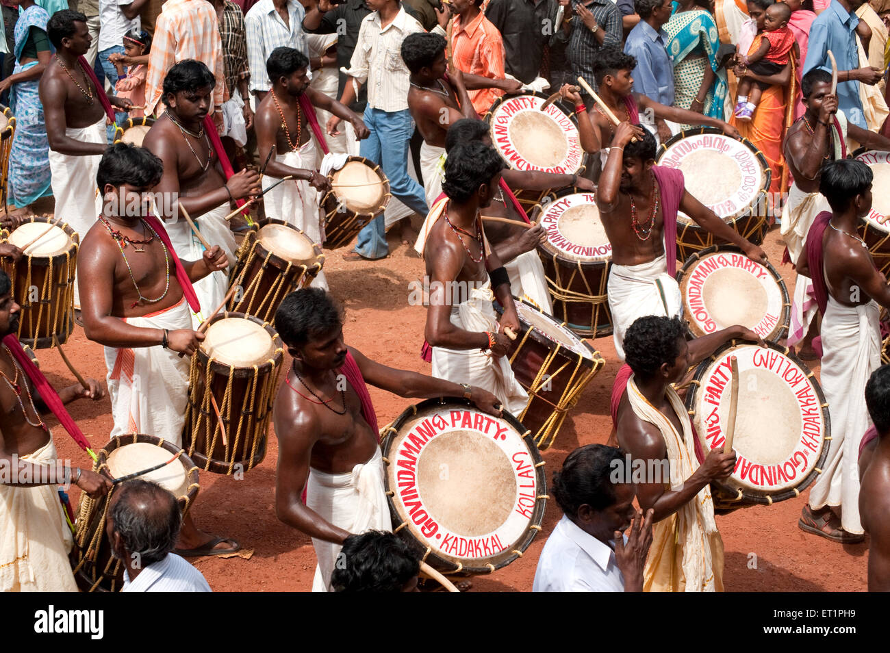 Musicians playing jendai drums ; Kerala ; India NO MR Stock Photo
