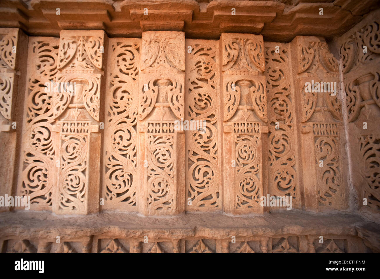 Jali design, Jaali pattern, perforated stone, latticed screen, Sasbahu Temple, Sas Bahu Mandir, Sas Bahu, Sahasrabahu Temple, Harisadanam, Gwalior, Stock Photo