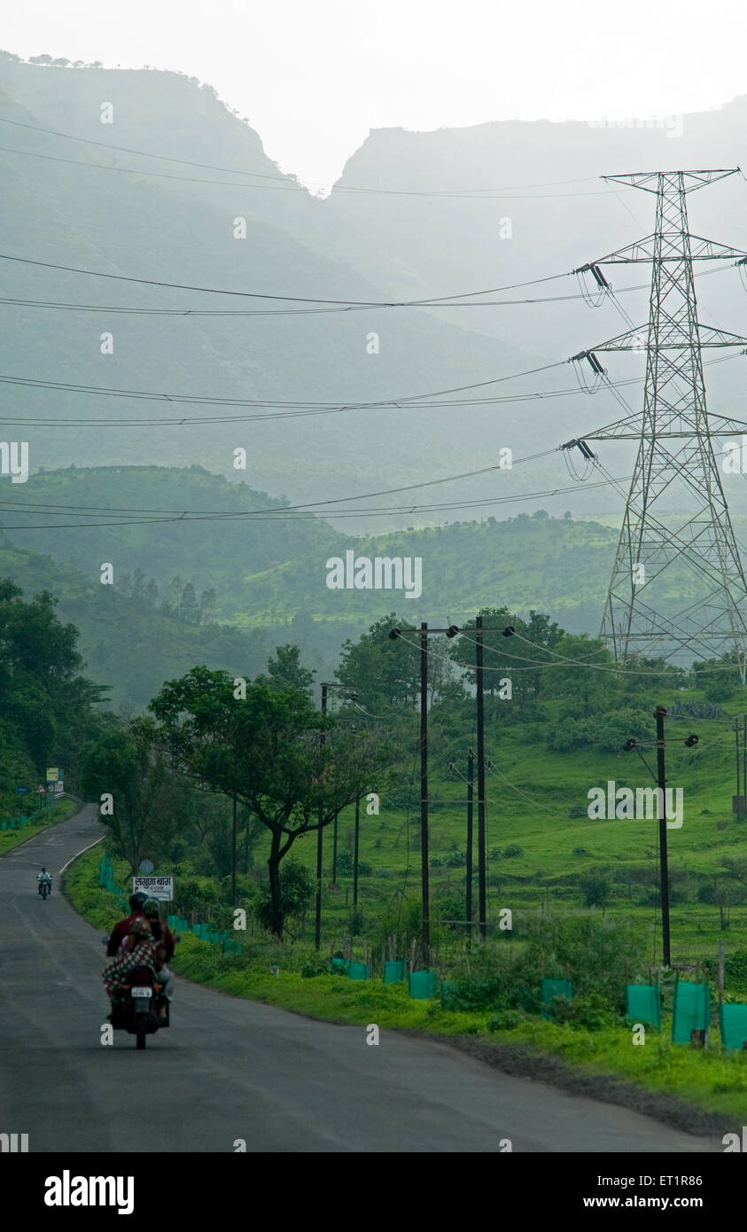 overhead power line, old new, transmission line, Sangli, Maharashtra, India, Asia, Asian, Indian Stock Photo