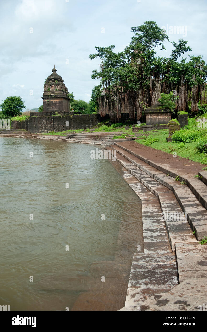Shrine and ghats krishna river at Limb ; Satara ; Maharashtra ; India Stock Photo