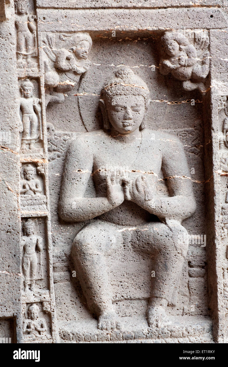 Carved relief of buddha at ajanta caves ; Aurangabad ; Maharashtra ; India Stock Photo