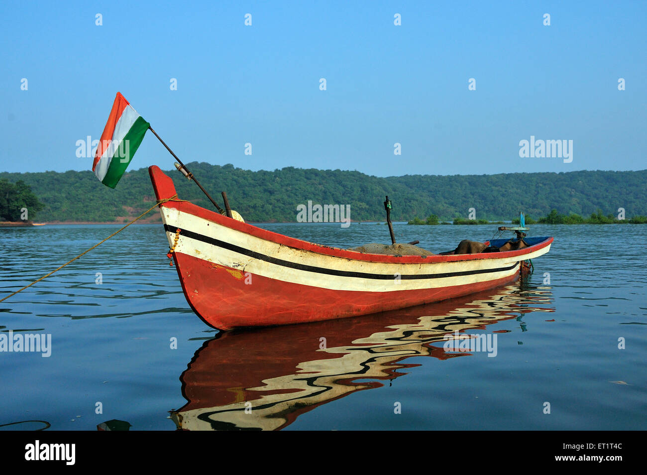 Boat with Indian flag, Sindhudurg, Konkan, Maharashtra, India, Asia, Asian, Indian Stock Photo