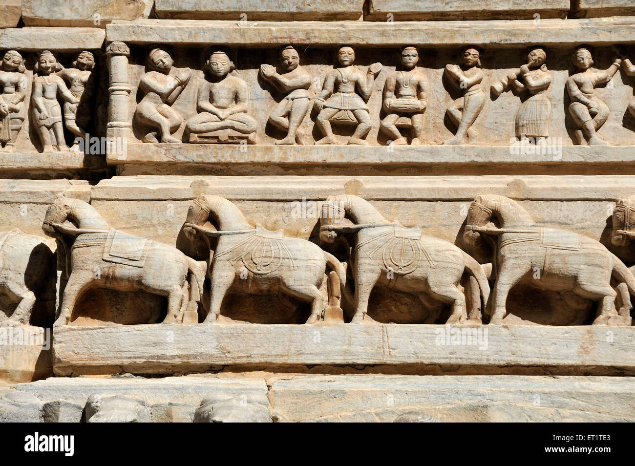 Dancing figures and horses, Jagdish Temple, Vishnu temples, Udaipur, Rajasthan, India, Asia Stock Photo