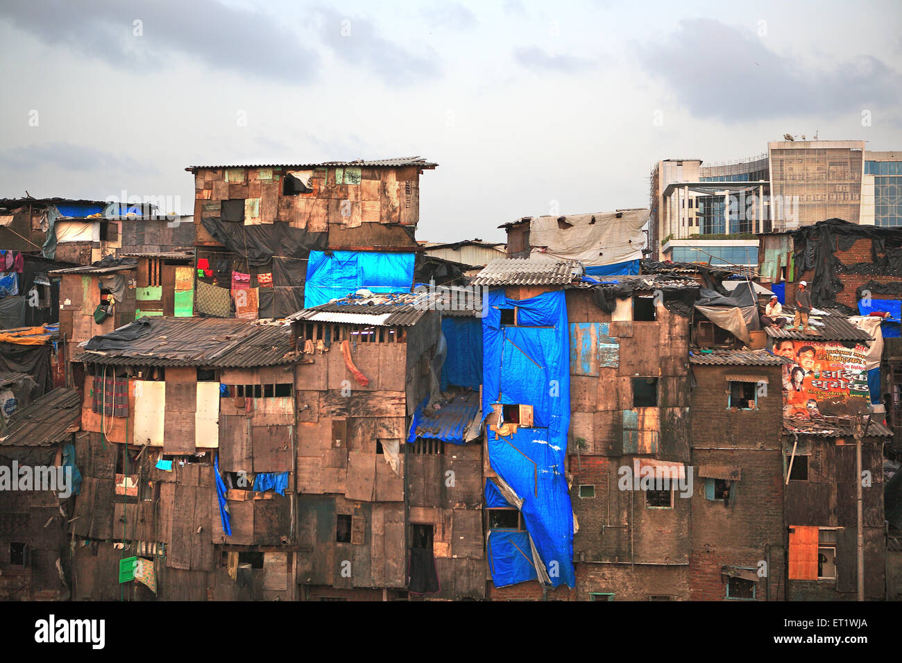 Slum and modern building at Behrampada ; Bandra ; Bombay ; Mumbai ; Maharashtra ; India Stock Photo
