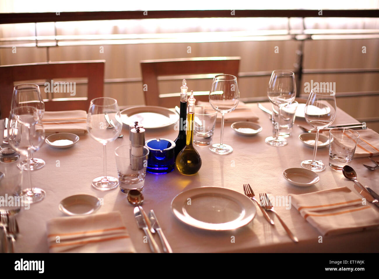 Dining table in hotel with cutlery ; Bombay ; Mumbai ; Maharashtra ; India Stock Photo