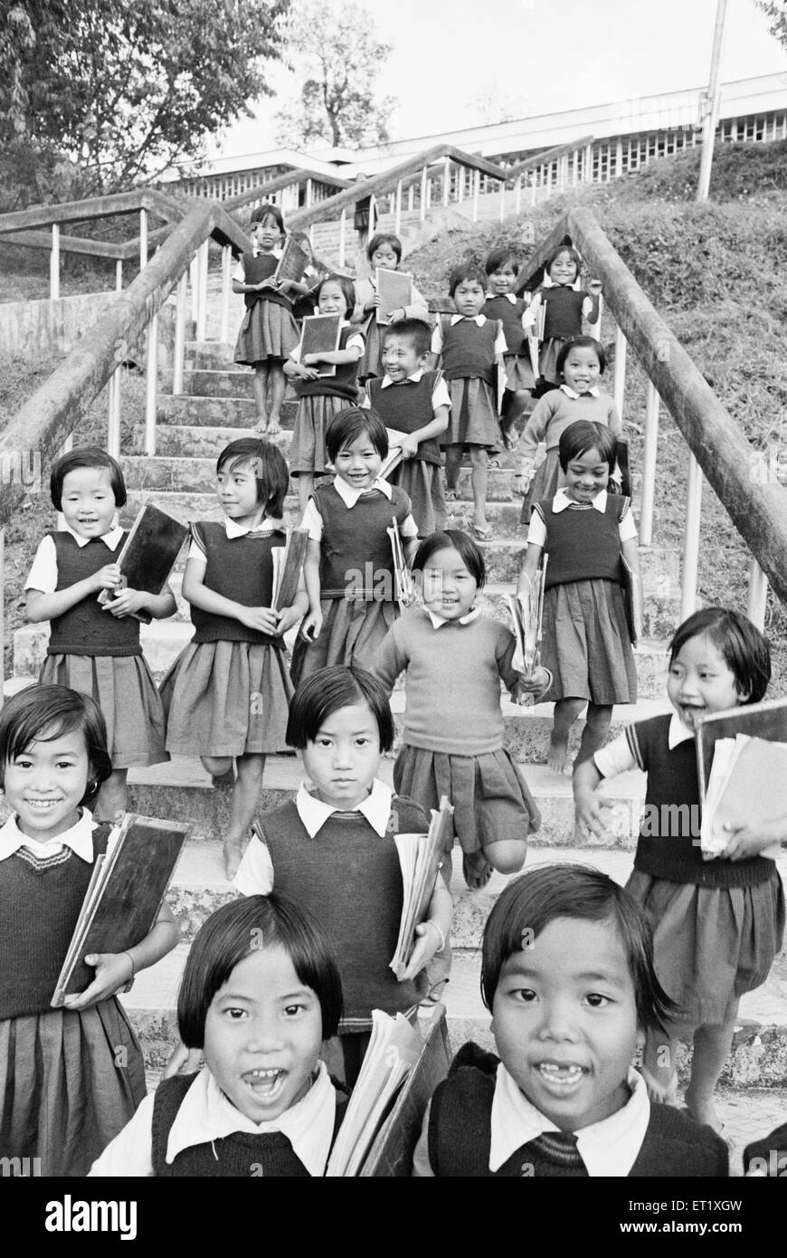 School children of Sharada Ramakrishna Vidyalaya in Khonsa ; Lohit district ;  Arunachal Pradesh ; India ; Asia ; old vintage 1900s picture Stock Photo